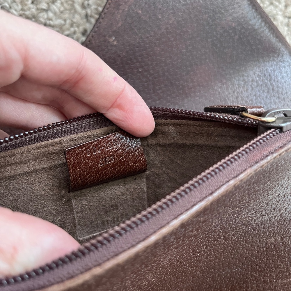 Vintage rustic Gucci leather bag with brown pouch and black bamboo handle gold - Picture 12 of 12